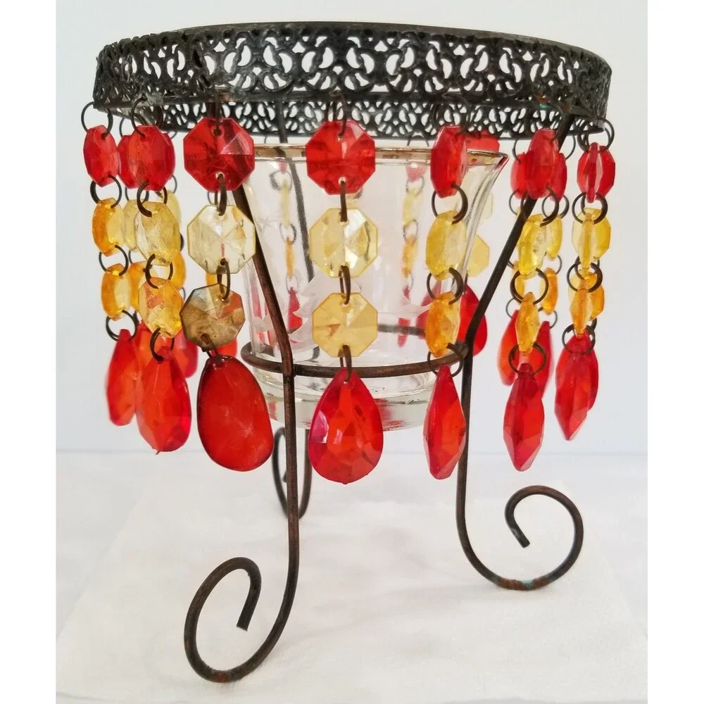 Yankee Candle Beaded Metal Votive Holder with Glass Insert – Boho Style